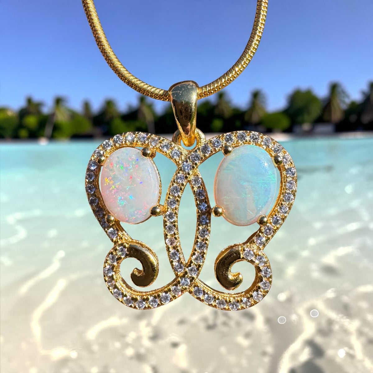 1.4ct Coober Pedy & Lightning Ridge Opal & Cubic Zirconia Butterfly Pendant Necklace ~ 'Butterfly Gorge Glow' | 925 Sterling Silver | Solid Australian Opal