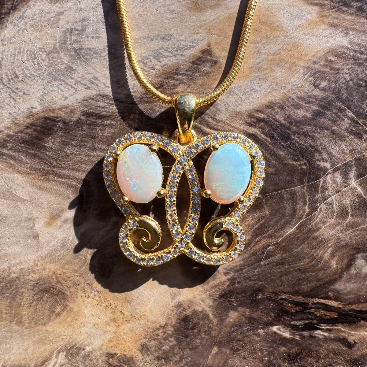 1.4ct Coober Pedy & Lightning Ridge Opal & Cubic Zirconia Butterfly Pendant Necklace ~ 'Butterfly Gorge Glow' | 925 Sterling Silver | Solid Australian Opal