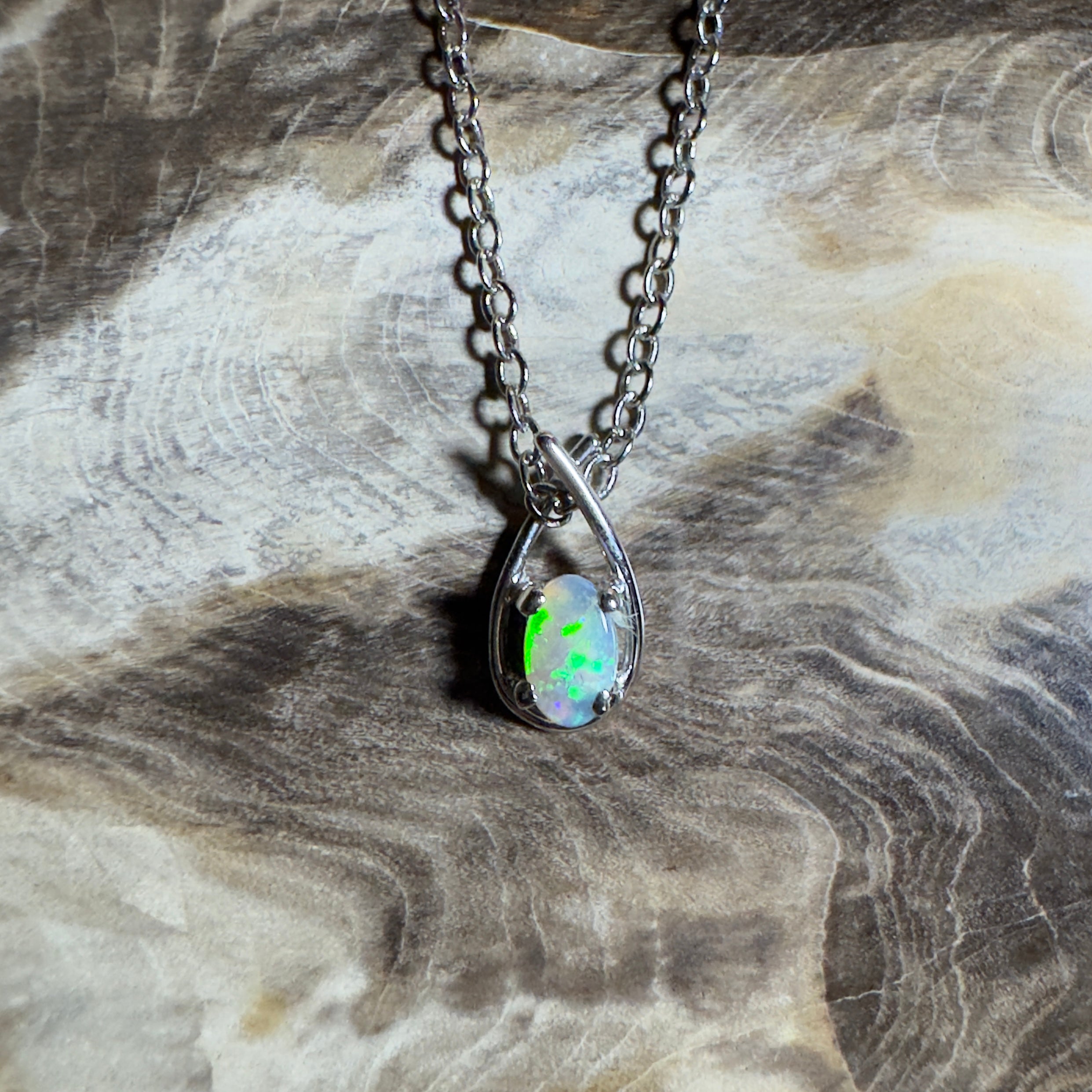Outback Glimmer ~ 0.3ct Lightning Ridge Crystal Opal 18ct White Gold Pendant