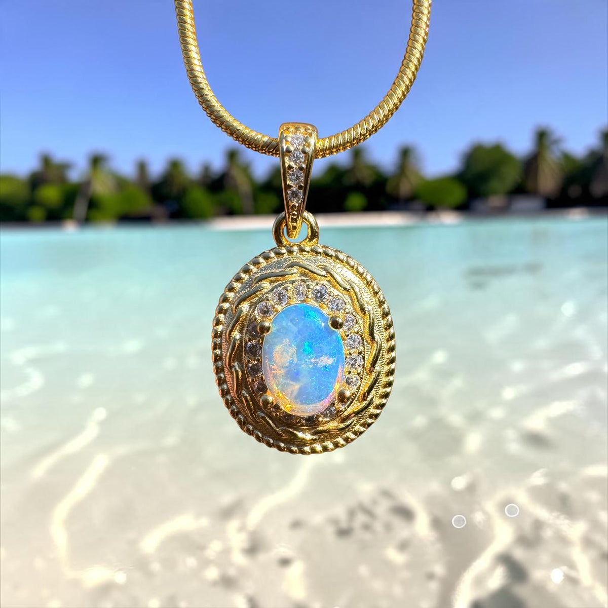 0.5ct Coober Pedy Opal & Cubic Zirconia Pendant Necklace ~ 'Charters Towers Gold' | Yellow Gold Coated 925 Sterling Silver | Solid Australian Opal