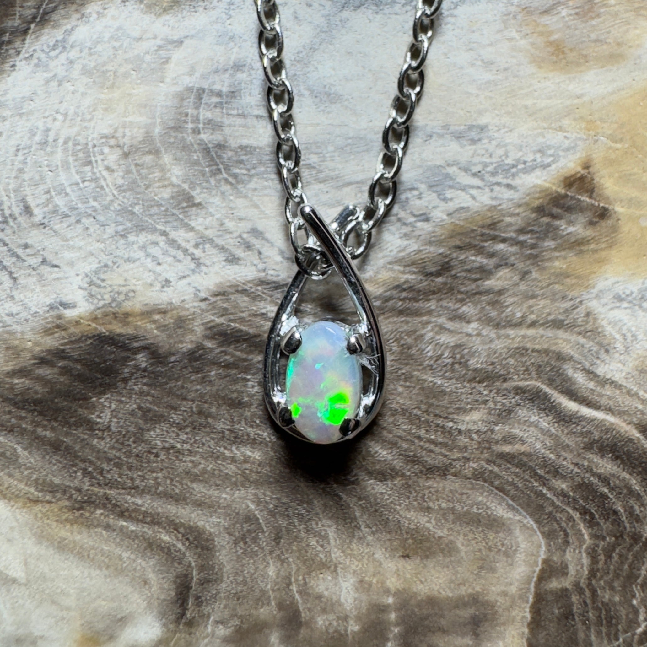 Outback Glimmer ~ 0.3ct Lightning Ridge Crystal Opal 18ct White Gold Pendant