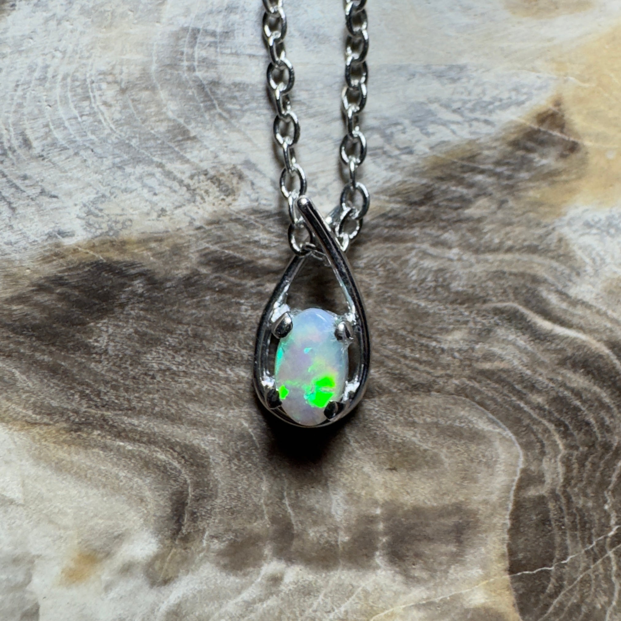 Outback Glimmer ~ 0.3ct Lightning Ridge Crystal Opal 18ct White Gold Pendant