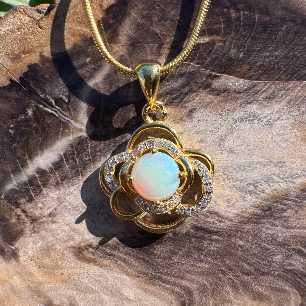 0.7ct Coober Pedy Opal & Cubic Zirconia Pendant Necklace ~ 'Castlemaine Gold' | Yellow Gold Coated 925 Sterling Silver | Solid Australian Opal