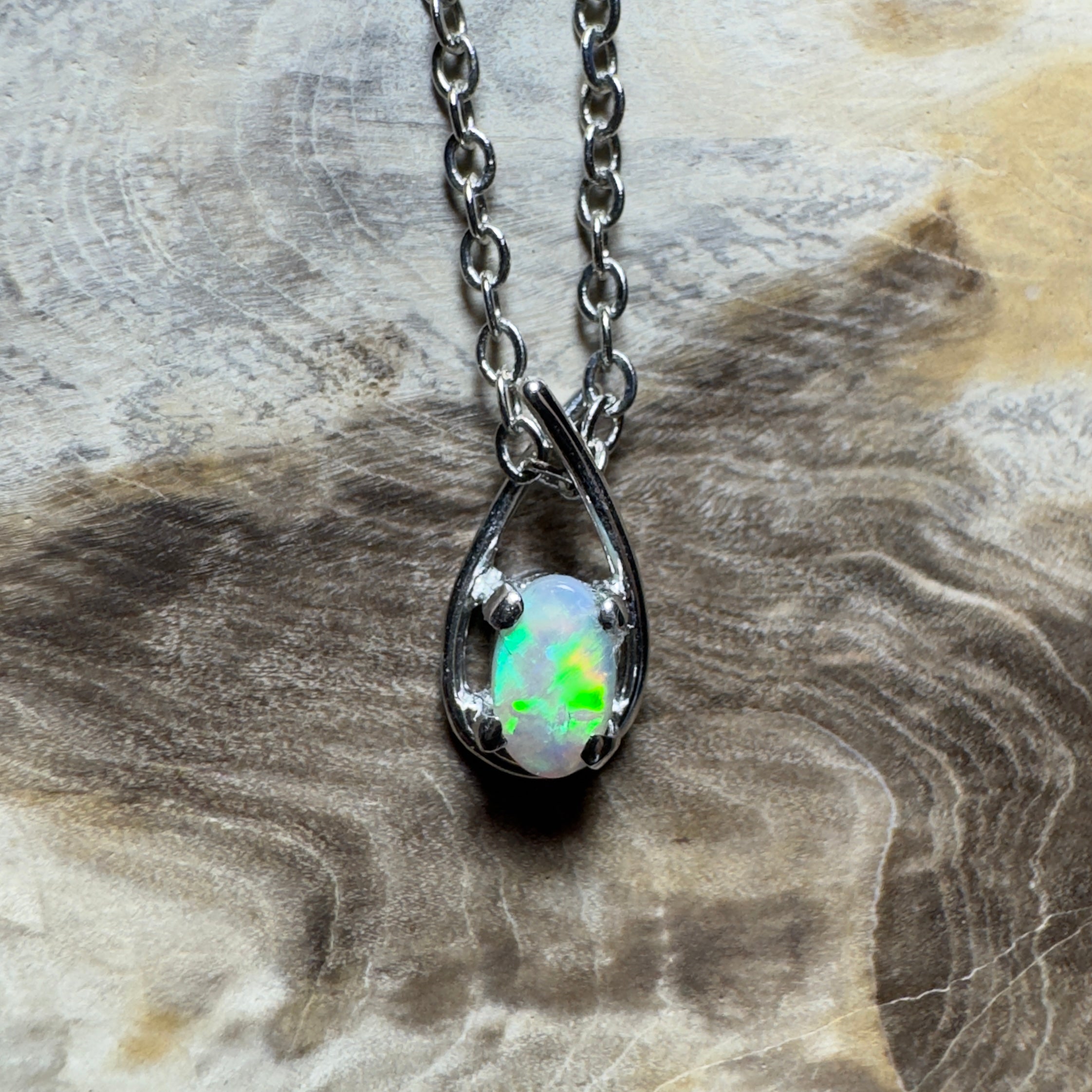 Outback Glimmer ~ 0.3ct Lightning Ridge Crystal Opal 18ct White Gold Pendant