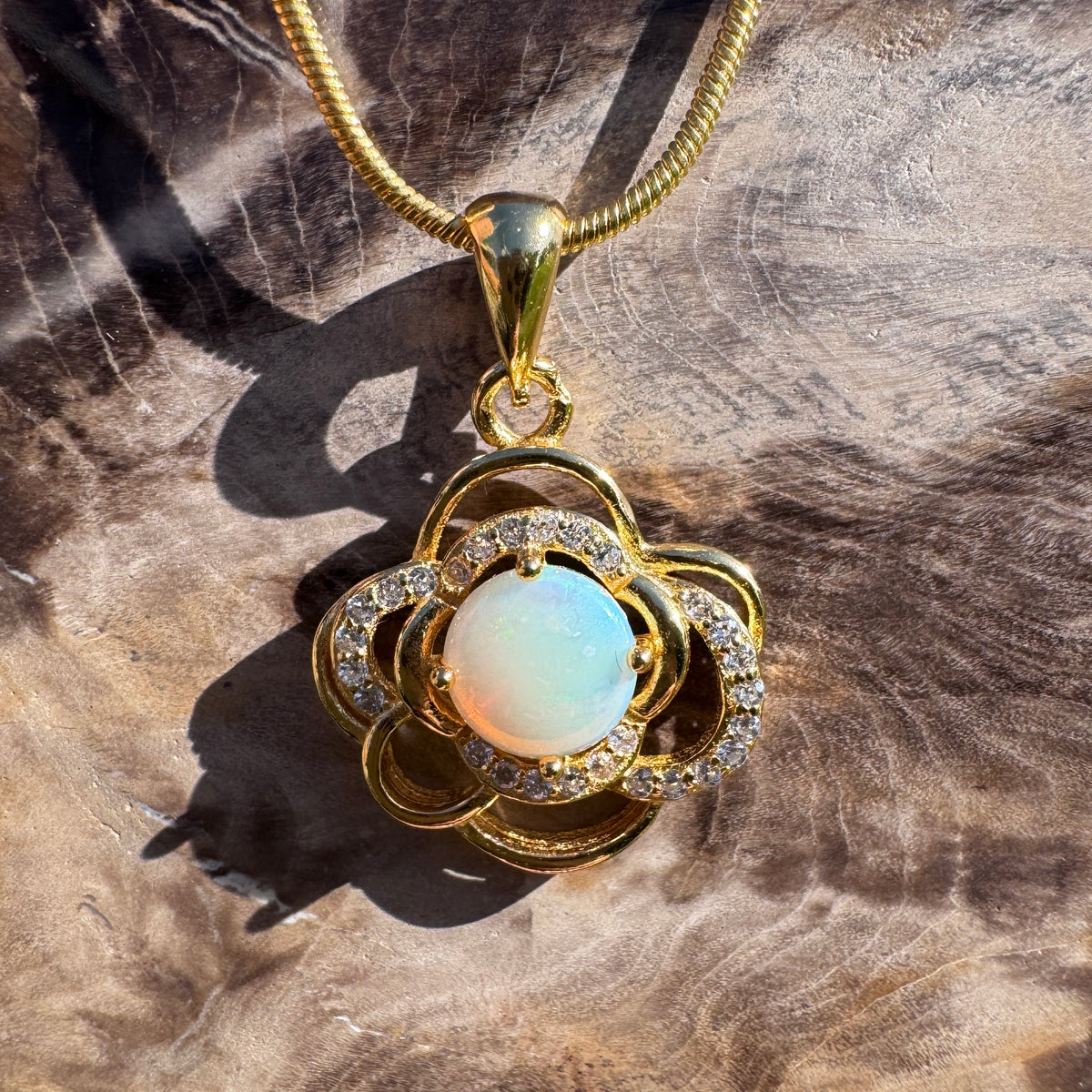 0.7ct Coober Pedy Opal & Cubic Zirconia Pendant Necklace ~ 'Castlemaine Gold' | Yellow Gold Coated 925 Sterling Silver | Solid Australian Opal