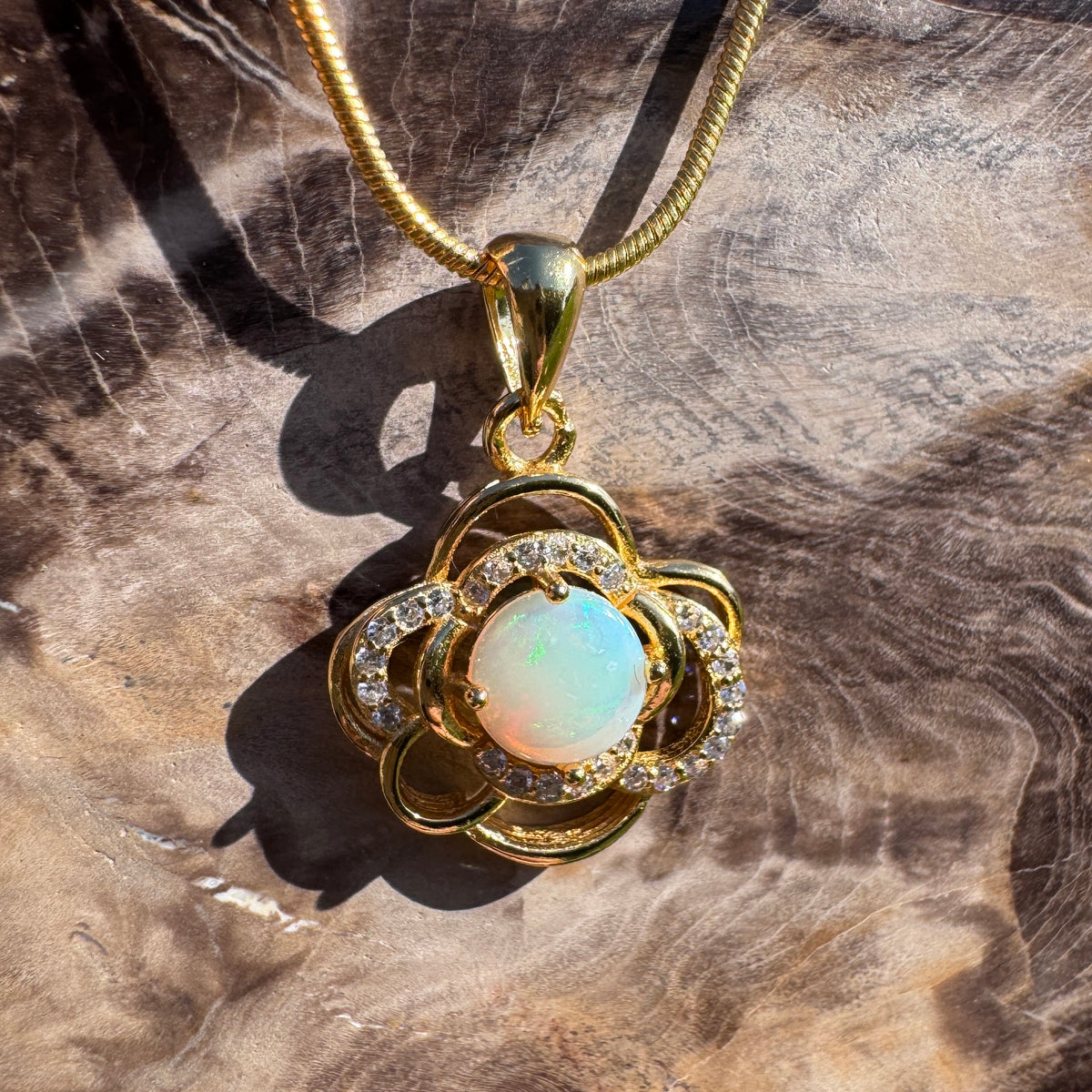 0.7ct Coober Pedy Opal & Cubic Zirconia Pendant Necklace ~ 'Castlemaine Gold' | Yellow Gold Coated 925 Sterling Silver | Solid Australian Opal