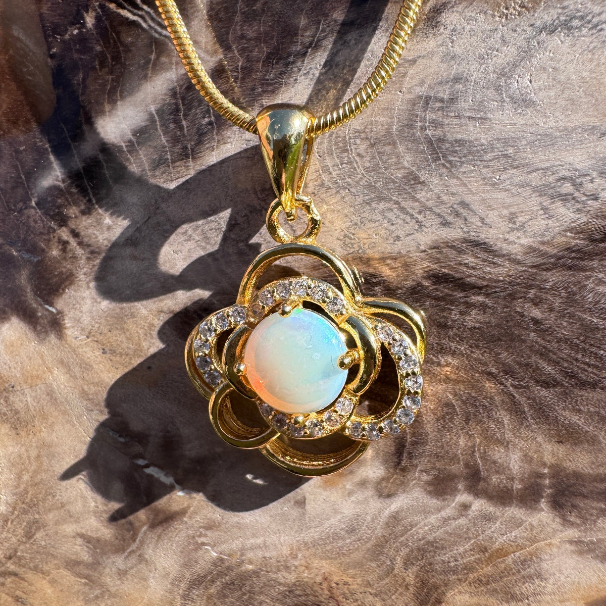 0.7ct Coober Pedy Opal & Cubic Zirconia Pendant Necklace ~ 'Castlemaine Gold' | Yellow Gold Coated 925 Sterling Silver | Solid Australian Opal