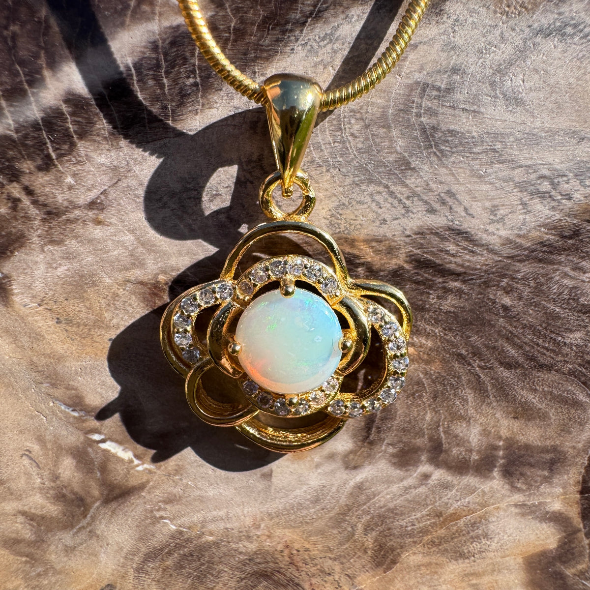 0.7ct Coober Pedy Opal & Cubic Zirconia Pendant Necklace ~ 'Castlemaine Gold' | Yellow Gold Coated 925 Sterling Silver | Solid Australian Opal