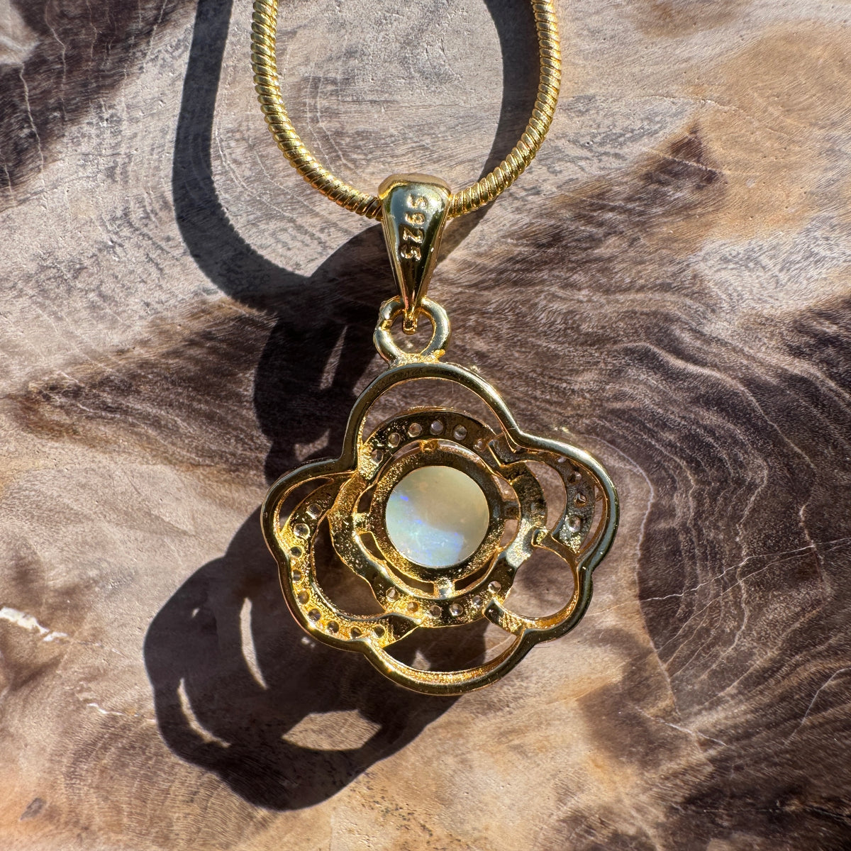 0.7ct Coober Pedy Opal & Cubic Zirconia Pendant Necklace ~ 'Castlemaine Gold' | Yellow Gold Coated 925 Sterling Silver | Solid Australian Opal