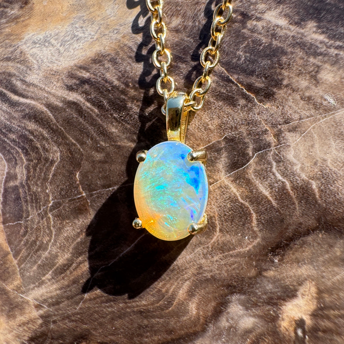 0.7ct Coober Pedy CrystalOpal Pendant Necklace ~ 'Bendigo Gold' | Yellow Gold Coated 925 Sterling Silver | Solid Australian Opal