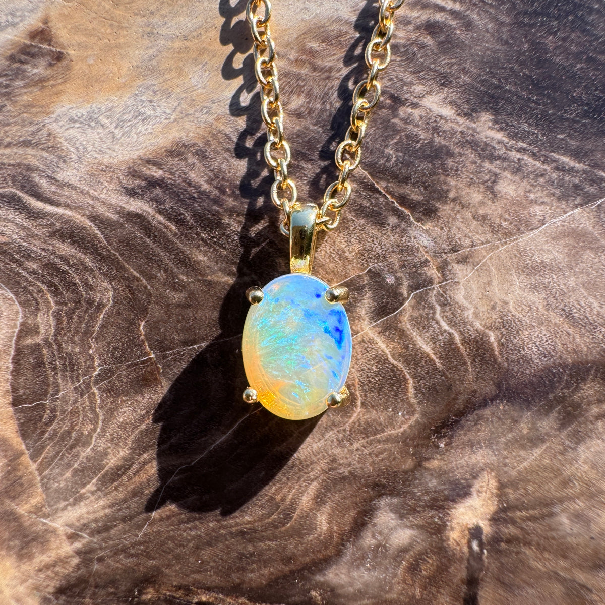 0.7ct Coober Pedy CrystalOpal Pendant Necklace ~ 'Bendigo Gold' | Yellow Gold Coated 925 Sterling Silver | Solid Australian Opal