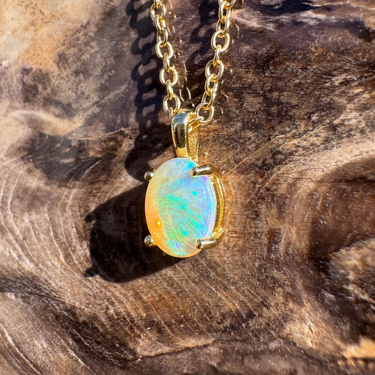 0.7ct Coober Pedy CrystalOpal Pendant Necklace ~ 'Bendigo Gold' | Yellow Gold Coated 925 Sterling Silver | Solid Australian Opal