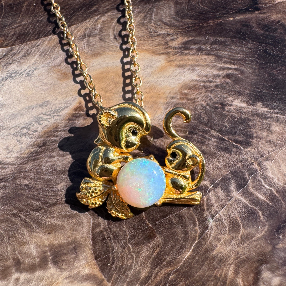 0.7ct Coober Pedy Opal Monkey Pendant Necklace ~ 'Taronga Gold' | Yellow Gold Coated 925 Sterling Silver | Solid Australian Opal