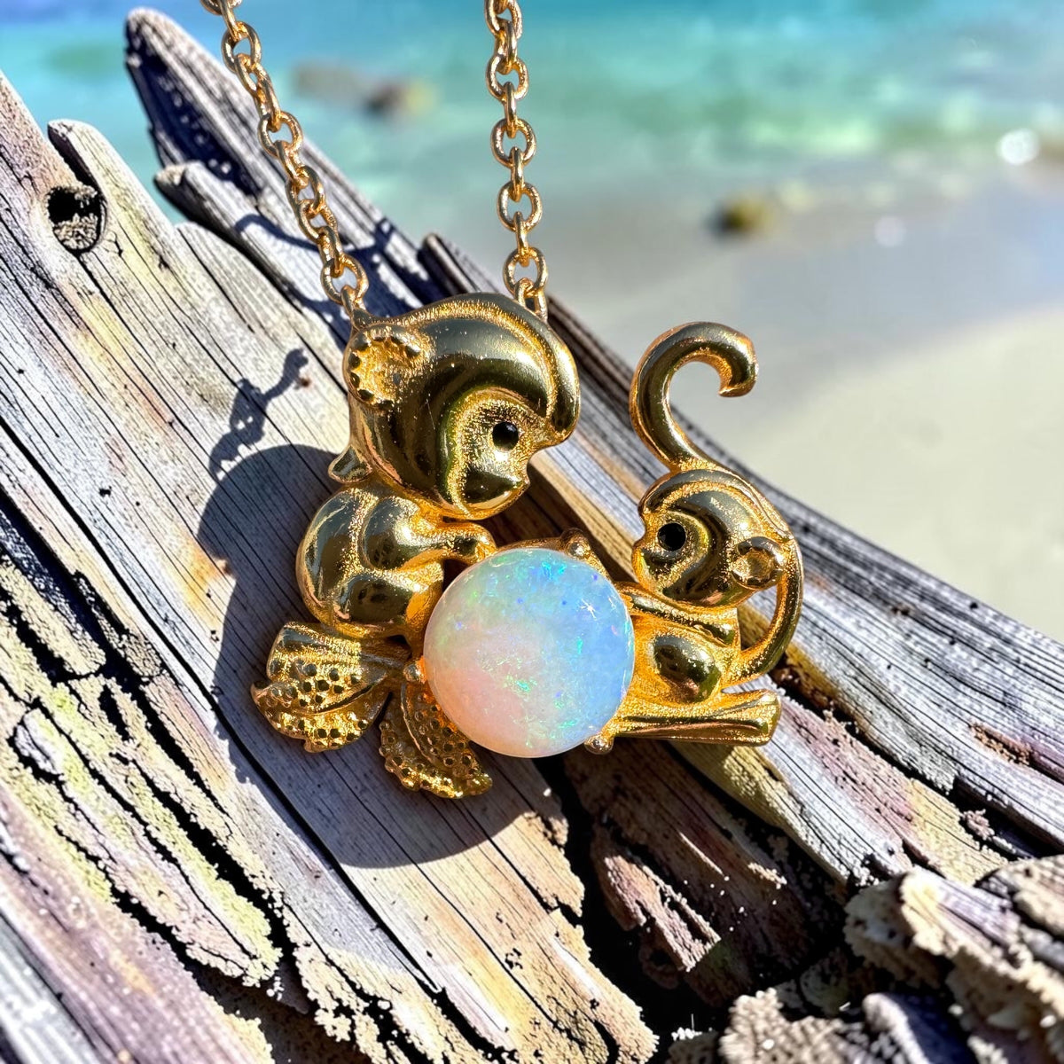0.7ct Coober Pedy Opal Monkey Pendant Necklace ~ 'Taronga Gold' | Yellow Gold Coated 925 Sterling Silver | Solid Australian Opal