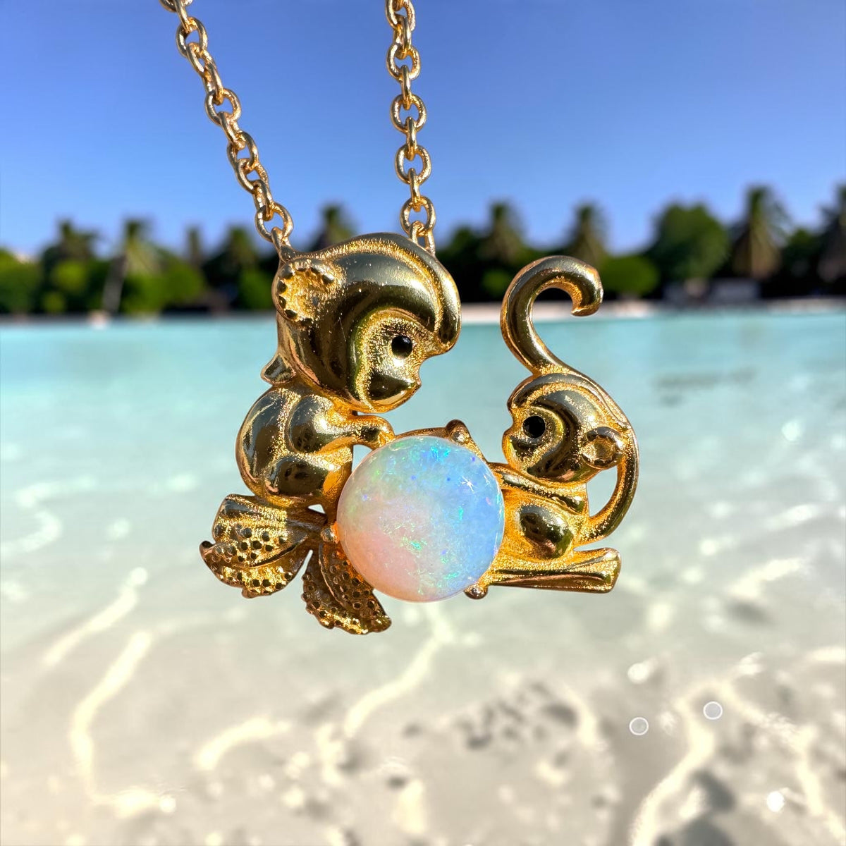 0.7ct Coober Pedy Opal Monkey Pendant Necklace ~ 'Taronga Gold' | Yellow Gold Coated 925 Sterling Silver | Solid Australian Opal