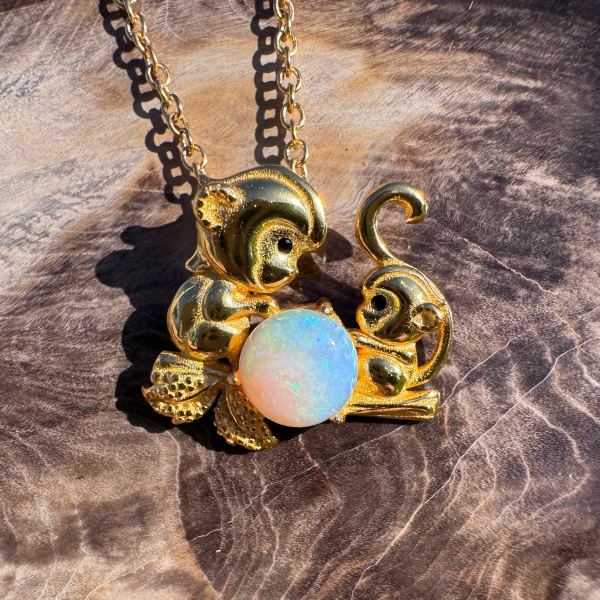0.7ct Coober Pedy Opal Monkey Pendant Necklace ~ 'Taronga Gold' | Yellow Gold Coated 925 Sterling Silver | Solid Australian Opal
