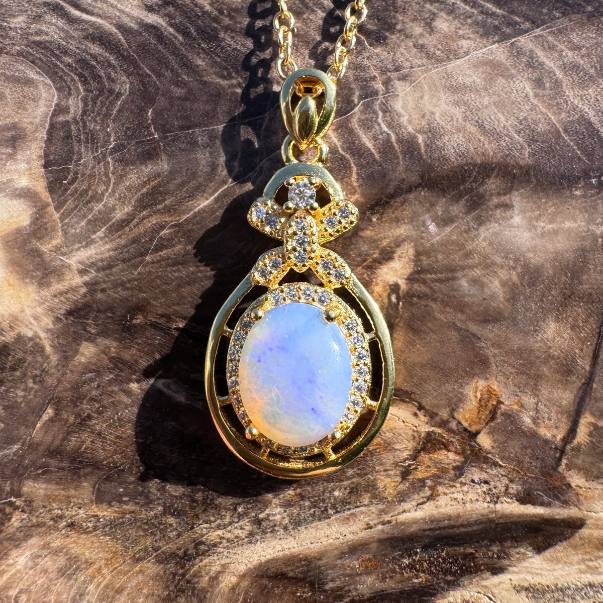 1.2ct Lightning Ridge Crystal Opal & Cubic Zirconia Pendant Necklace ~ 'Norseman Gold' | Yellow Gold Coated 925 Sterling Silver | Solid Australian Opal