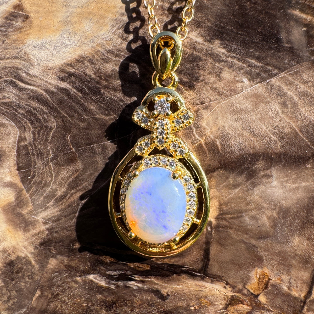 1.2ct Lightning Ridge Crystal Opal & Cubic Zirconia Pendant Necklace ~ 'Norseman Gold' | Yellow Gold Coated 925 Sterling Silver | Solid Australian Opal