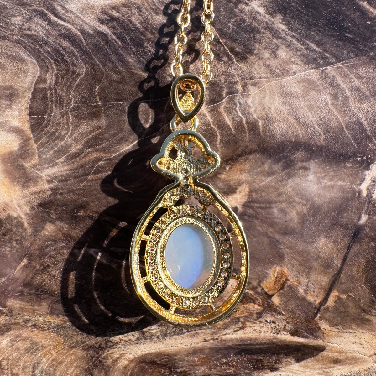 1.2ct Lightning Ridge Crystal Opal & Cubic Zirconia Pendant Necklace ~ 'Norseman Gold' | Yellow Gold Coated 925 Sterling Silver | Solid Australian Opal