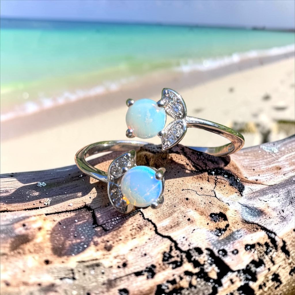 0.4ct Lightning Ridge Opal & Cubic Zirconia Ring ~ 'Tea Gardens Twins' | 925 Sterling Silver | Solid Australian Opal