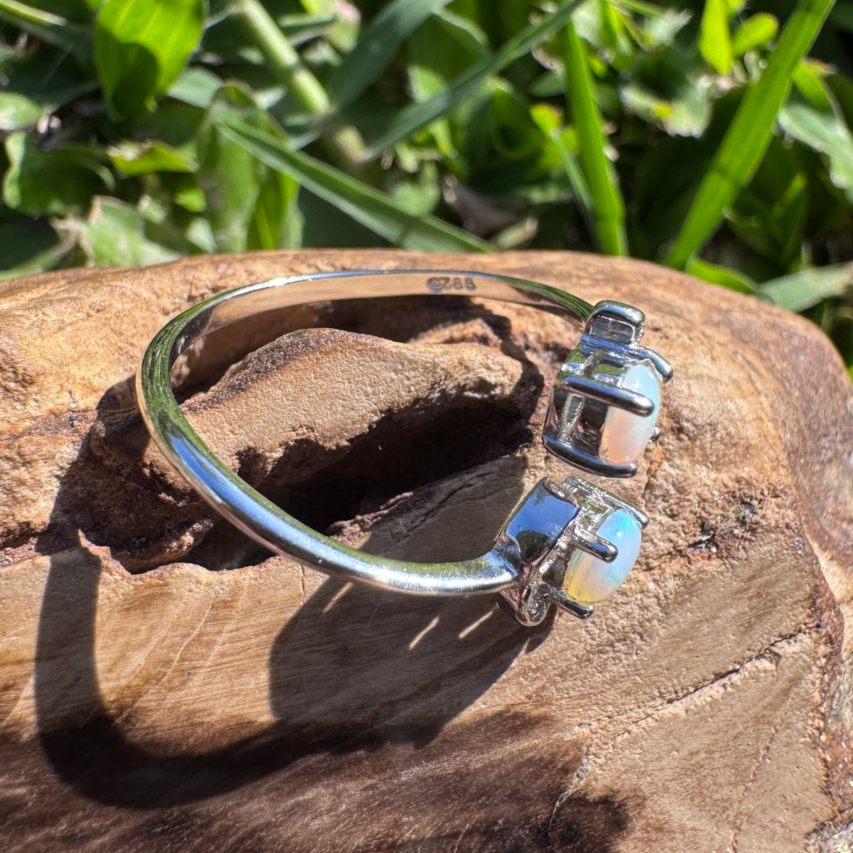0.4ct Lightning Ridge Opal & Cubic Zirconia Ring ~ 'Tea Gardens Twins' | 925 Sterling Silver | Solid Australian Opal