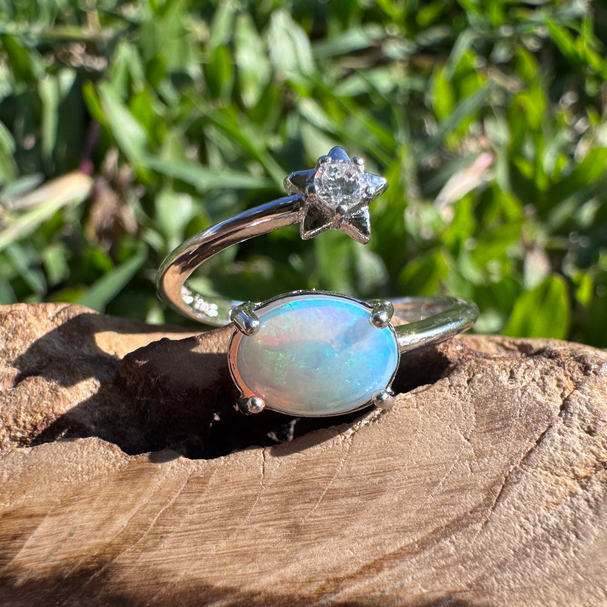 0.6ct Lightning Ridge Opal & Cubic Zirconia Ring ~ 'Wollombi Valley Blues' | 925 Sterling Silver | Solid Australian Opal