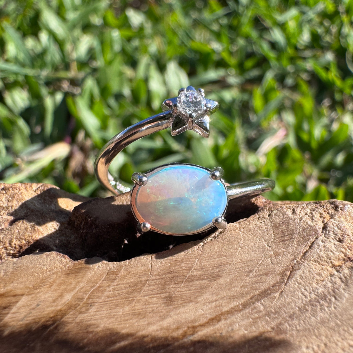 0.6ct Lightning Ridge Opal & Cubic Zirconia Ring ~ 'Wollombi Valley Blues' | 925 Sterling Silver | Solid Australian Opal