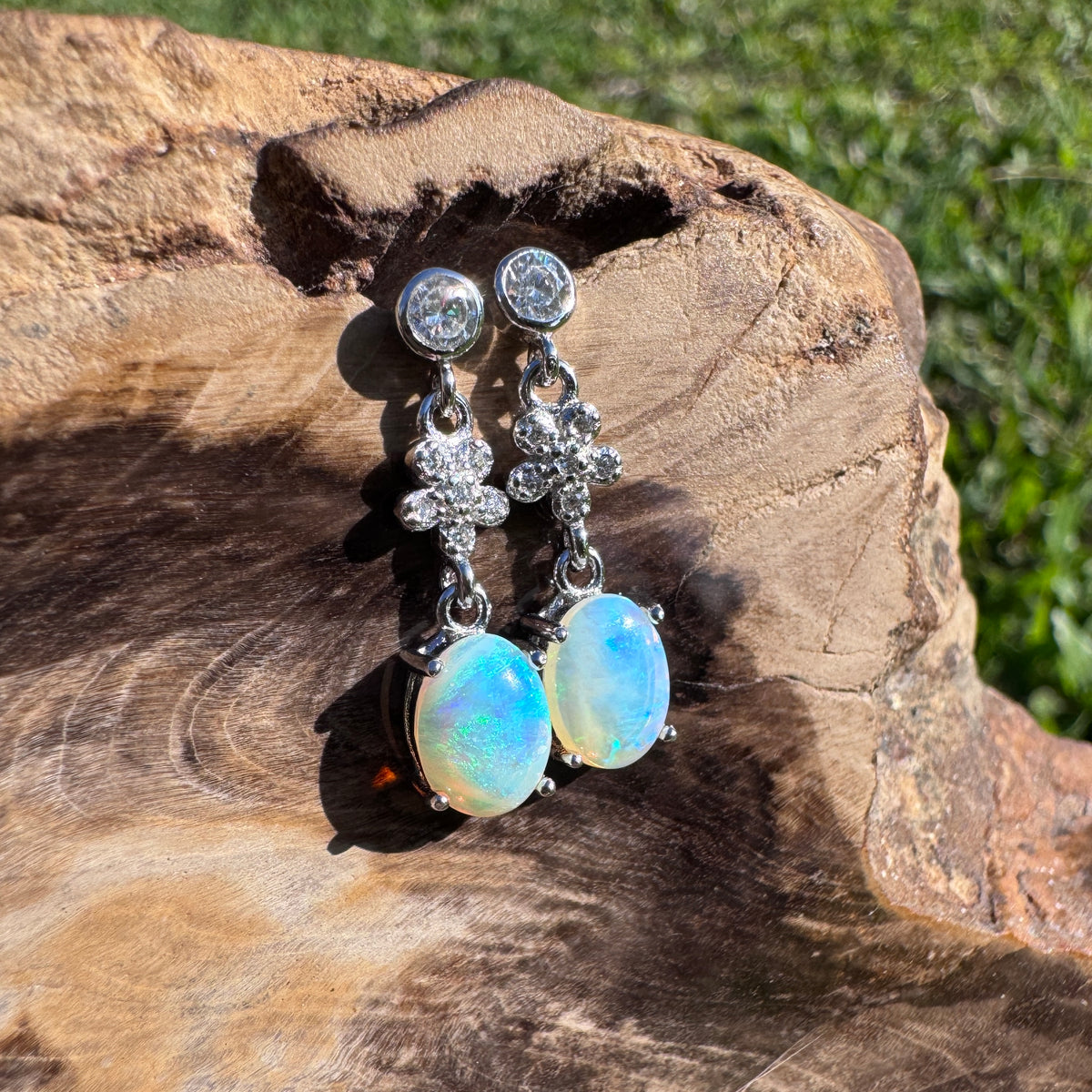 1.2ct Coober Pedy Crystal Opal & Cubic Zirconia Stud Drop Earrings ~ 'Wallaman Falls Drops' | 925 Sterling Silver | Solid Australian Opal
