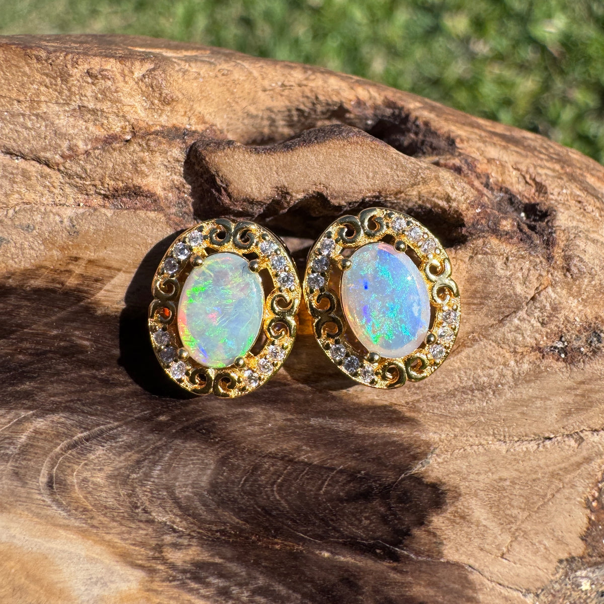 0.8ct Coober Pedy Opal & Cubic Zirconia Stud Earrings ~ 'Gympie Gold' | Yellow Gold Coated 925 Sterling Silver | Solid Australian Opal