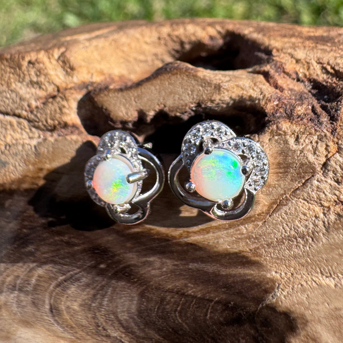 0.4ct Coober Pedy Opal & Cubic Zirconia Stud Earrings ~ 'Hepburn Springs Blues' | 925 Sterling Silver | Solid Australian Opal
