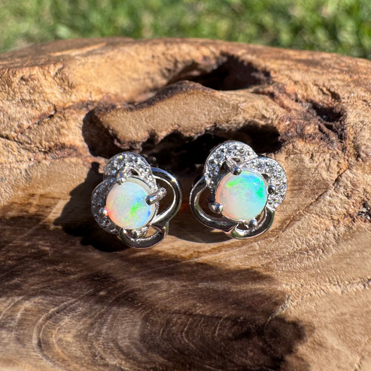 0.4ct Coober Pedy Opal & Cubic Zirconia Stud Earrings ~ 'Hepburn Springs Blues' | 925 Sterling Silver | Solid Australian Opal