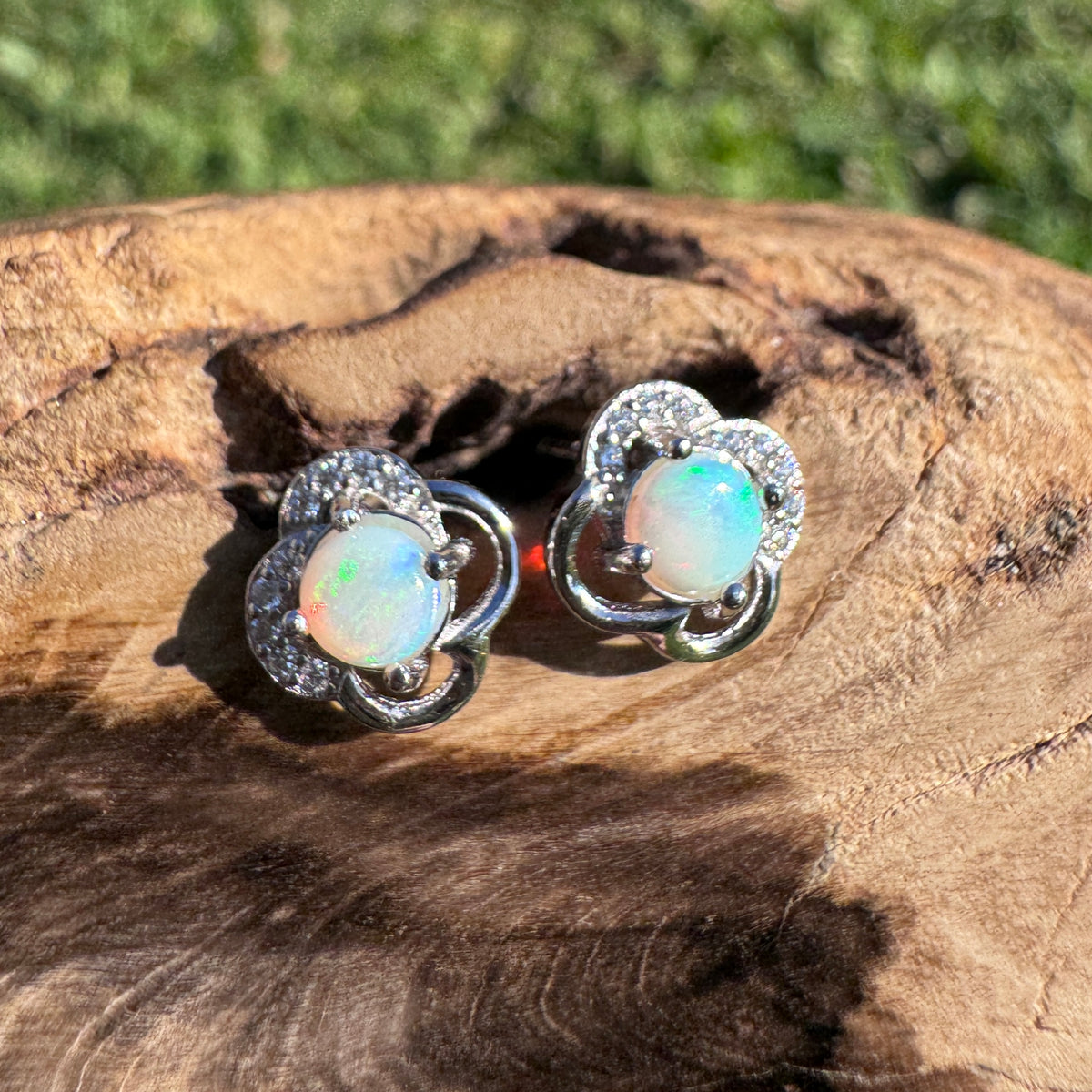 0.4ct Coober Pedy Opal & Cubic Zirconia Stud Earrings ~ 'Hepburn Springs Blues' | 925 Sterling Silver | Solid Australian Opal