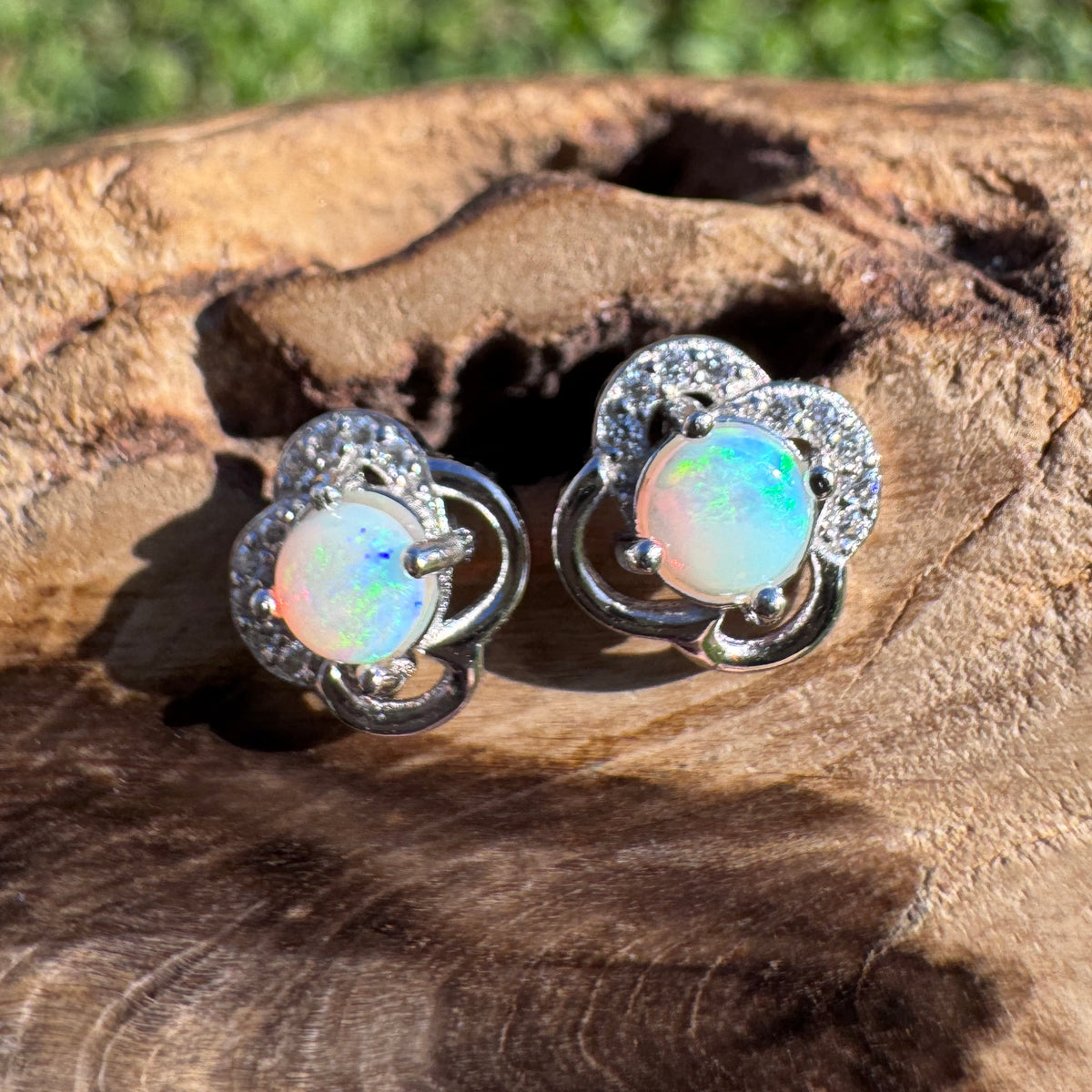0.4ct Coober Pedy Opal & Cubic Zirconia Stud Earrings ~ 'Hepburn Springs Blues' | 925 Sterling Silver | Solid Australian Opal