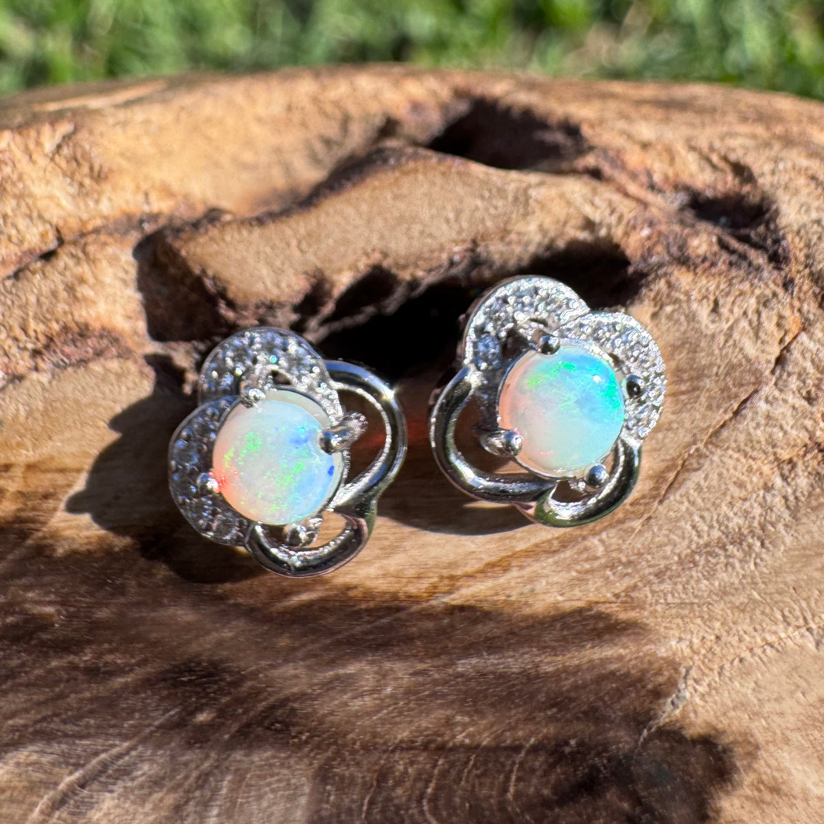 0.4ct Coober Pedy Opal & Cubic Zirconia Stud Earrings ~ 'Hepburn Springs Blues' | 925 Sterling Silver | Solid Australian Opal
