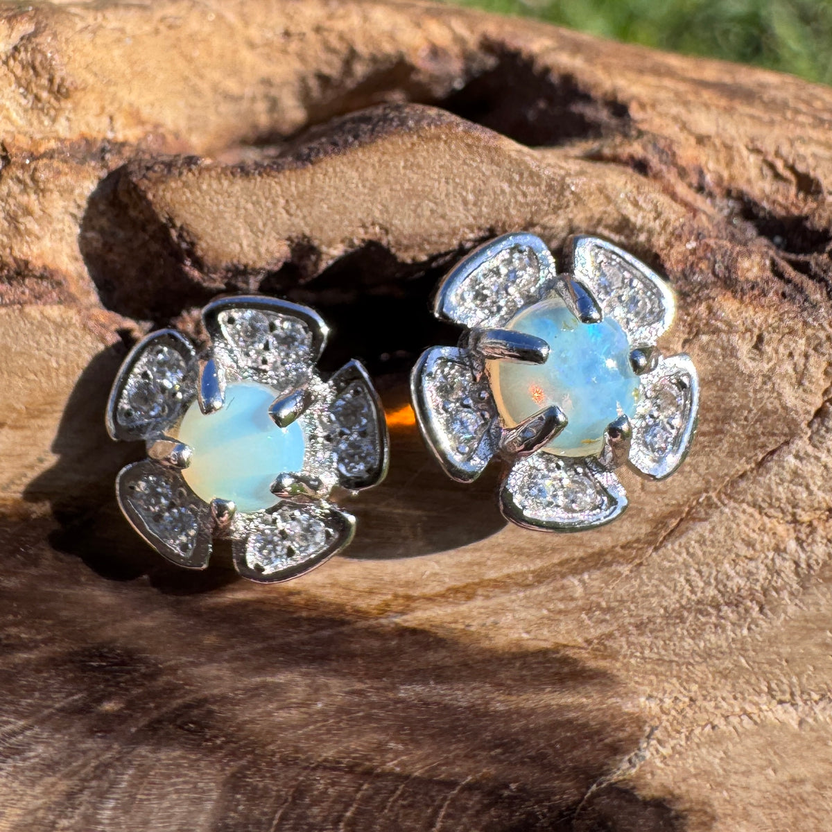 0.4ct Coober Pedy Opal & Cubic Zirconia Stud Earrings ~ 'Tangalooma Blues' | 925 Sterling Silver | Solid Australian Opal