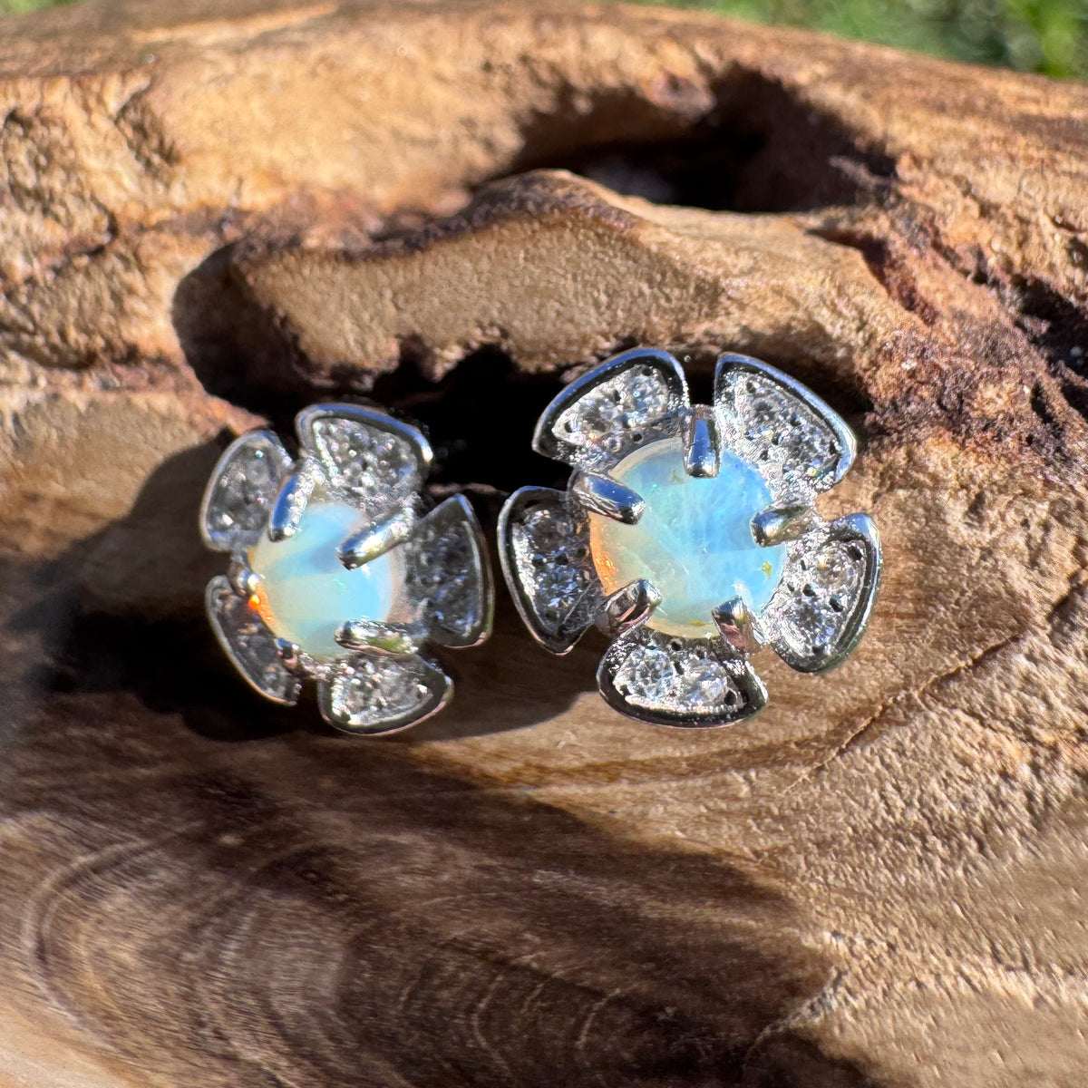 0.4ct Coober Pedy Opal & Cubic Zirconia Stud Earrings ~ 'Tangalooma Blues' | 925 Sterling Silver | Solid Australian Opal