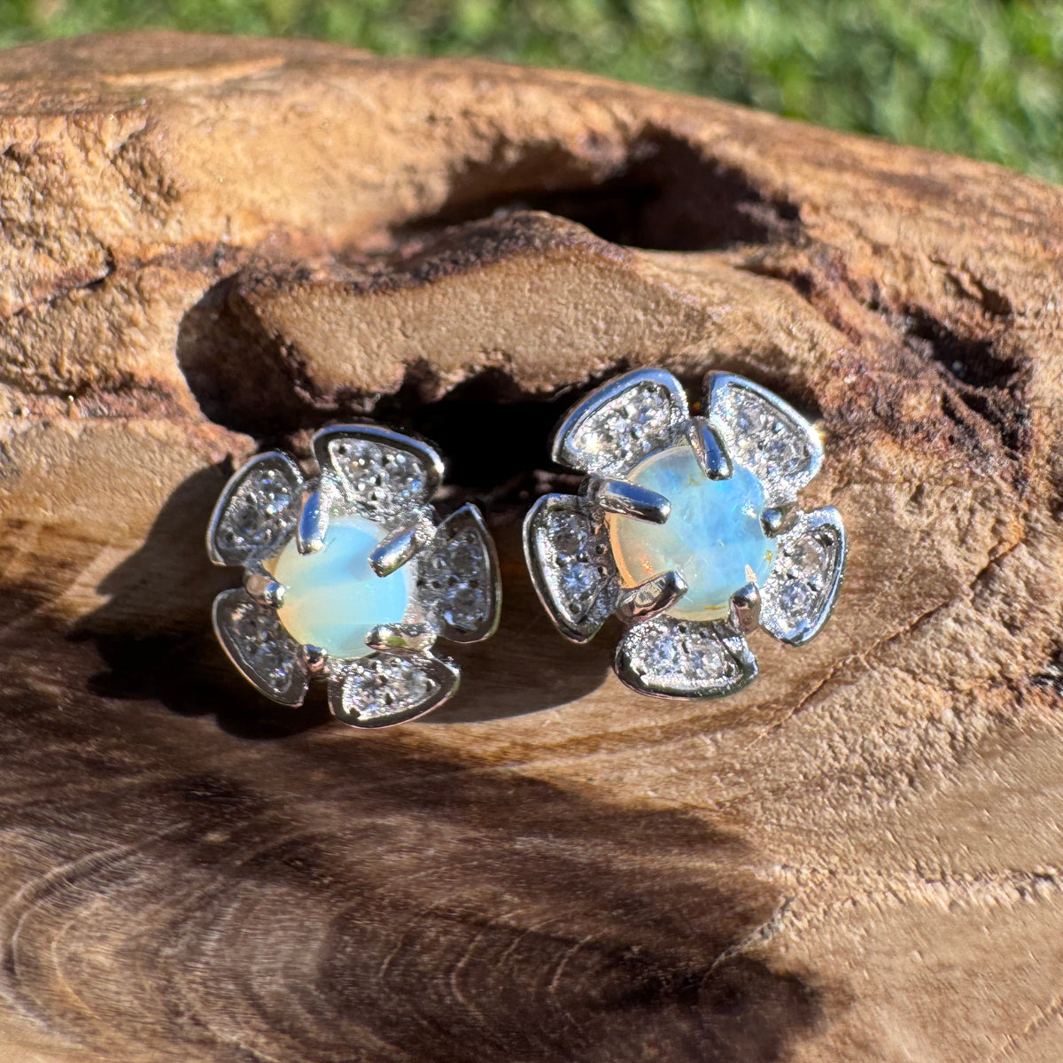 0.4ct Coober Pedy Opal & Cubic Zirconia Stud Earrings ~ 'Tangalooma Blues' | 925 Sterling Silver | Solid Australian Opal