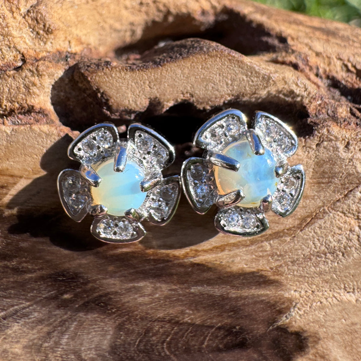 0.4ct Coober Pedy Opal & Cubic Zirconia Stud Earrings ~ 'Tangalooma Blues' | 925 Sterling Silver | Solid Australian Opal