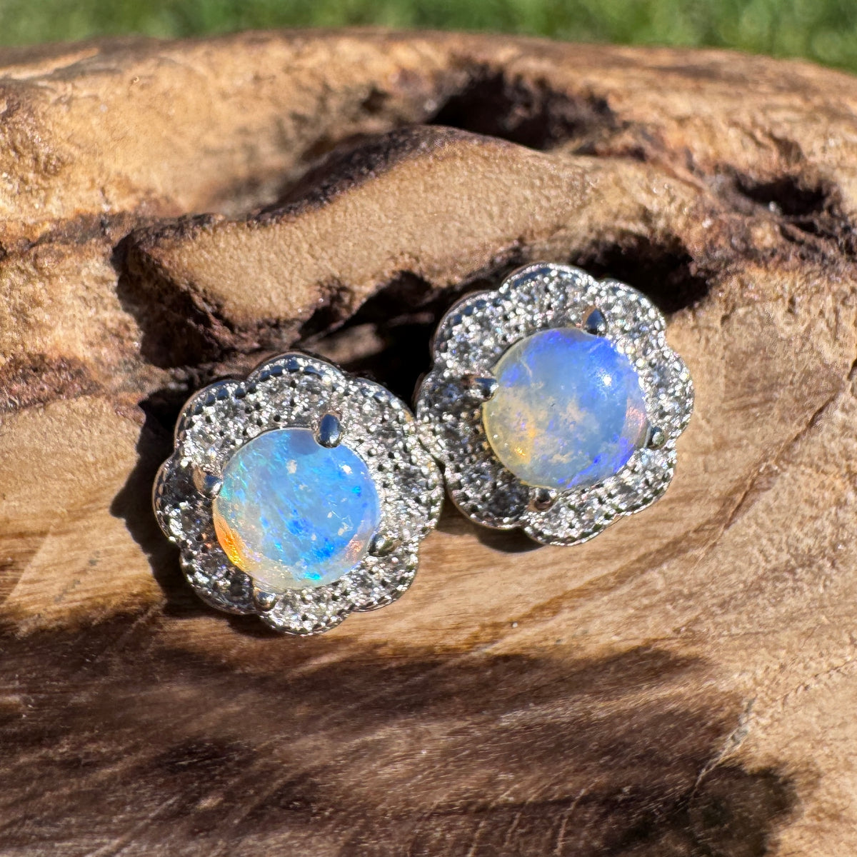 0.6ct Lightning Ridge Crystal Opal & Cubic Zirconia Stud Earrings ~ 'Lake Ainsworth Glimmer' | 925 Sterling Silver | Solid Australian Opal