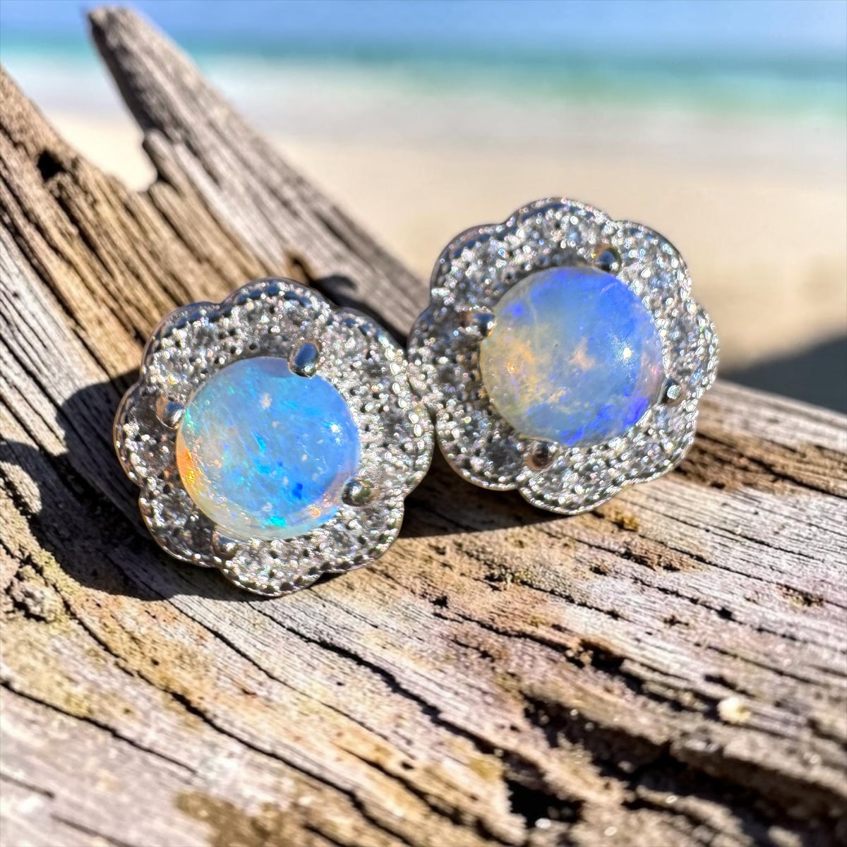 0.6ct Lightning Ridge Crystal Opal & Cubic Zirconia Stud Earrings ~ 'Lake Ainsworth Glimmer' | 925 Sterling Silver | Solid Australian Opal