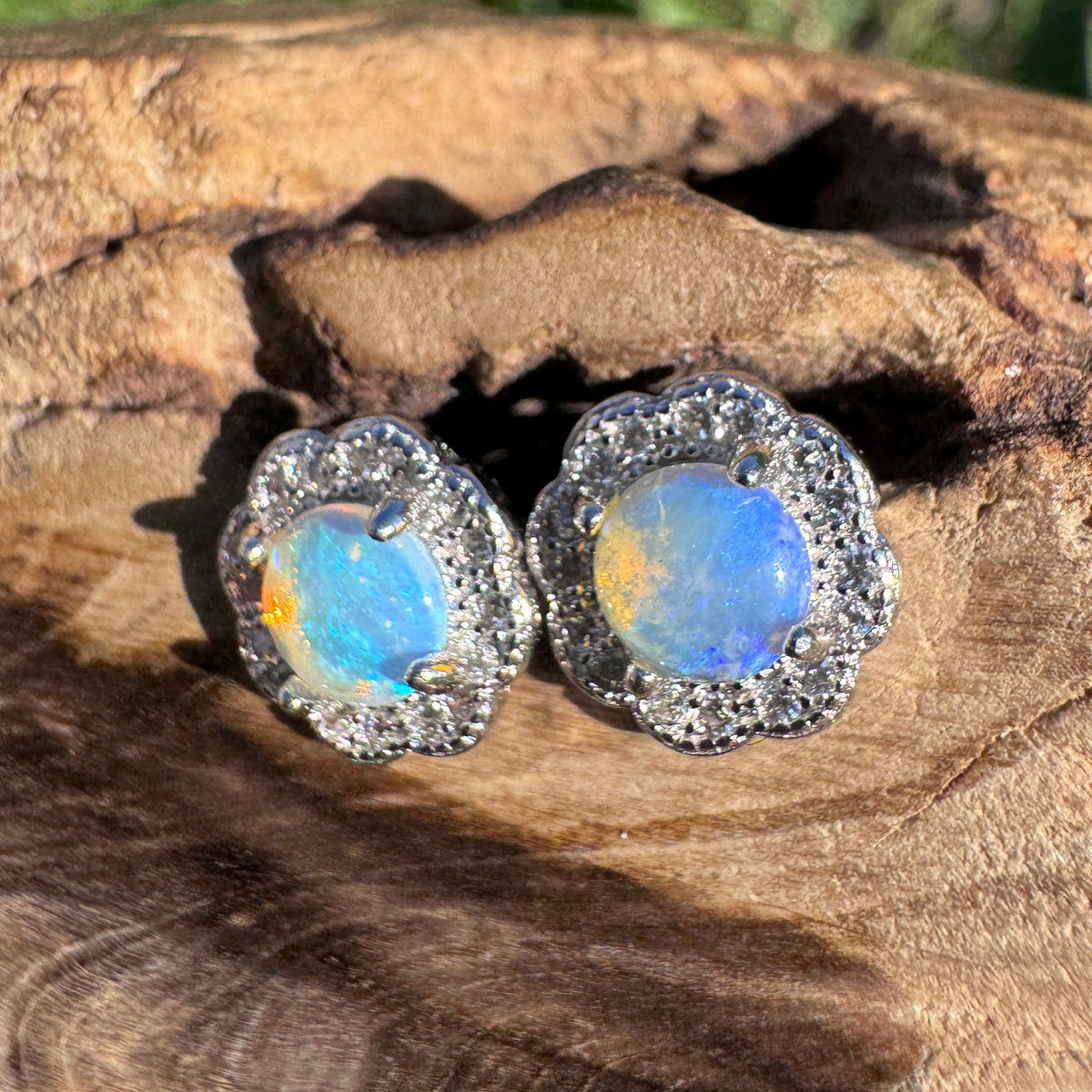 0.6ct Lightning Ridge Crystal Opal & Cubic Zirconia Stud Earrings ~ 'Lake Ainsworth Glimmer' | 925 Sterling Silver | Solid Australian Opal
