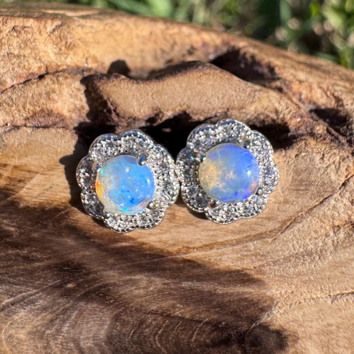 0.6ct Lightning Ridge Crystal Opal & Cubic Zirconia Stud Earrings ~ 'Lake Ainsworth Glimmer' | 925 Sterling Silver | Solid Australian Opal