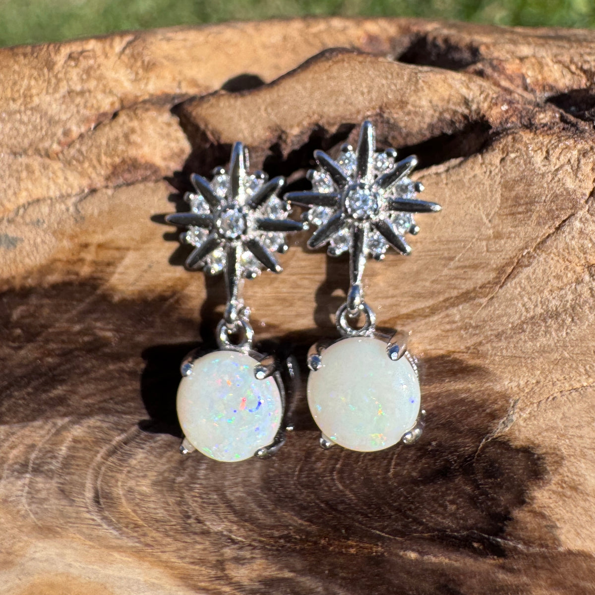 0.8ct Coober Pedy Opal & Cubic Zirconia Stud Drop Earrings ~ 'Nhulunbuy Sparkle' | 925 Sterling Silver | Solid Australian Opal