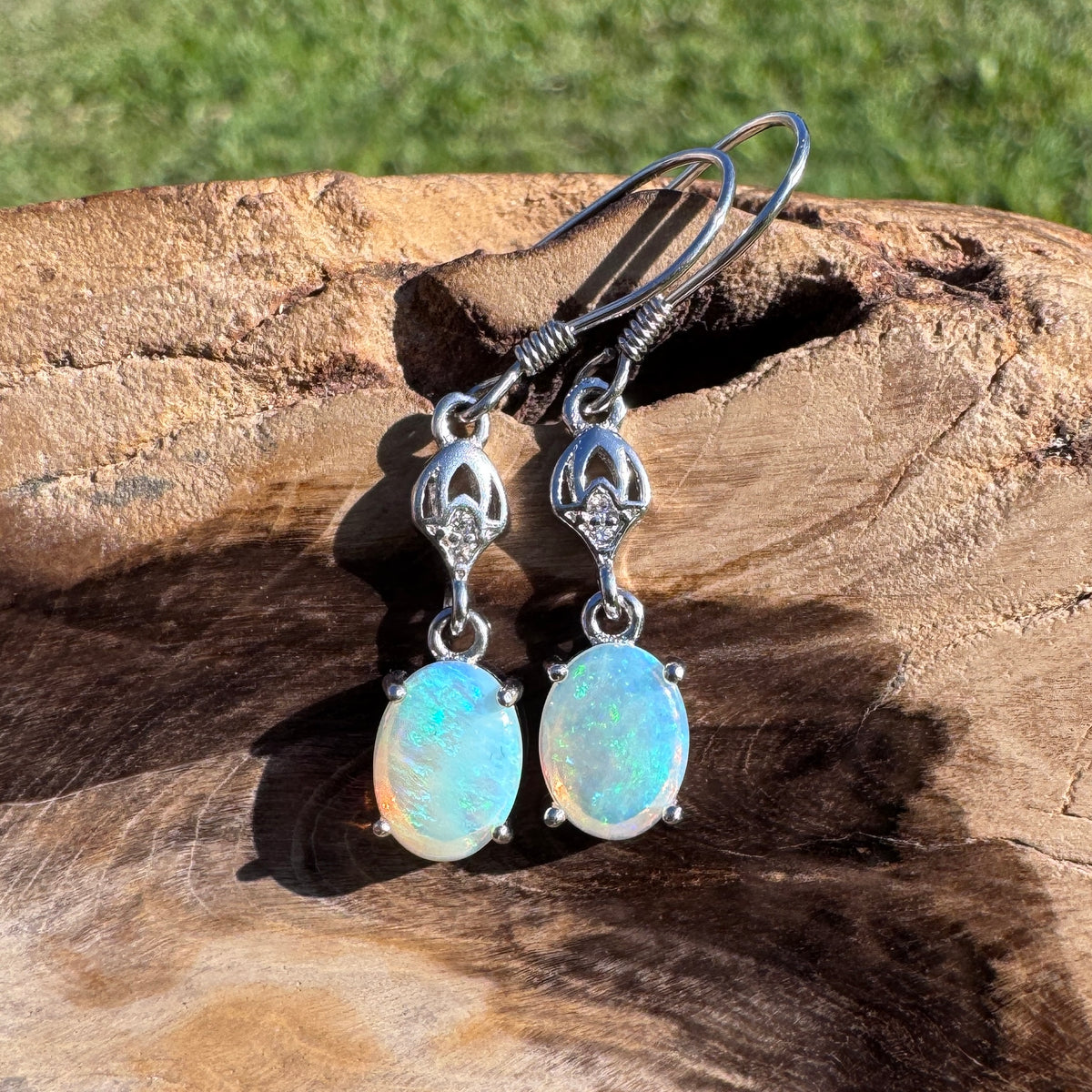 1.2ct Coober Pedy Crystal Opal & Cubic Zirconia Hook Earrings ~ 'Purling Brook Drops' | 925 Sterling Silver | Solid Australian Opal