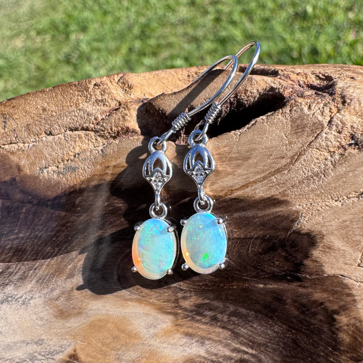 1.2ct Coober Pedy Crystal Opal & Cubic Zirconia Hook Earrings ~ 'Purling Brook Drops' | 925 Sterling Silver | Solid Australian Opal