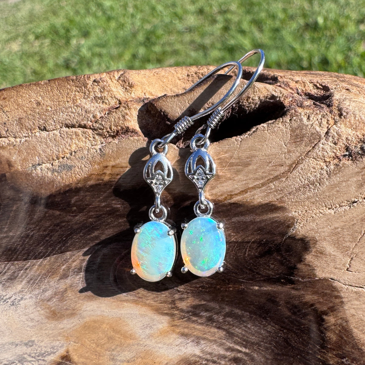 1.2ct Coober Pedy Crystal Opal & Cubic Zirconia Hook Earrings ~ 'Purling Brook Drops' | 925 Sterling Silver | Solid Australian Opal