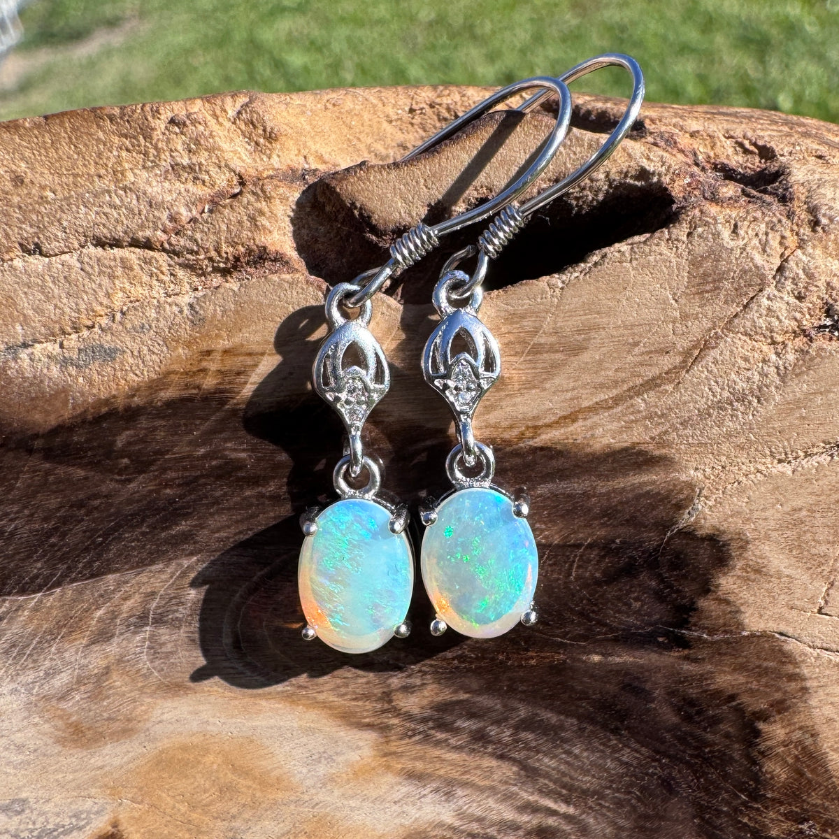 1.2ct Coober Pedy Crystal Opal & Cubic Zirconia Hook Earrings ~ 'Purling Brook Drops' | 925 Sterling Silver | Solid Australian Opal