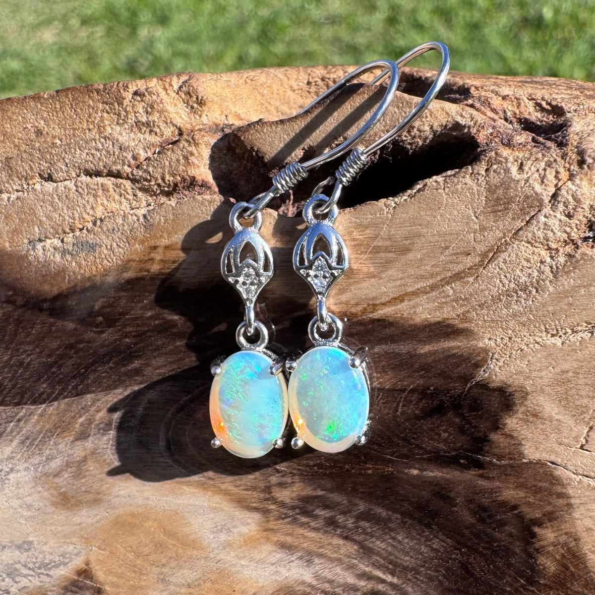 1.2ct Coober Pedy Crystal Opal & Cubic Zirconia Hook Earrings ~ 'Purling Brook Drops' | 925 Sterling Silver | Solid Australian Opal