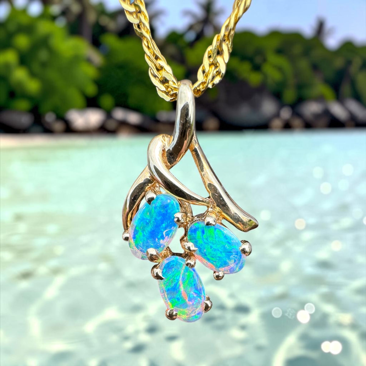 0.6ct Lightning Ridge Opal Pendant Necklace ~ 'Three Sisters Glow' | 14ct Yellow Gold | Solid Australian Opal
