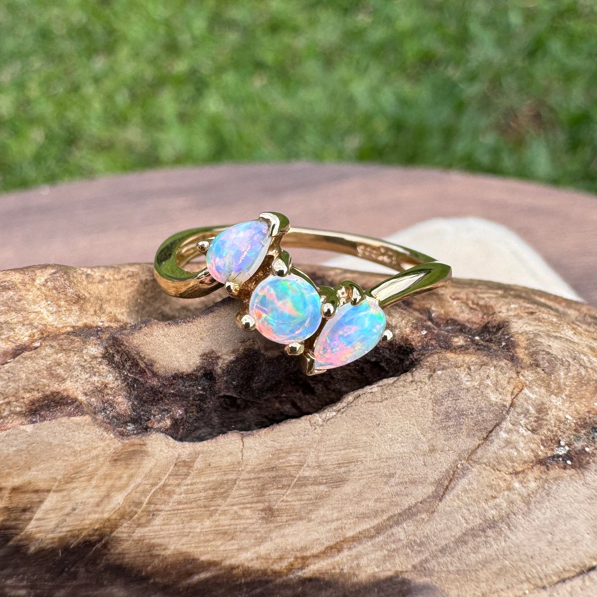 0.4ct Lightning Ridge Opal Ring ~ 'Tamar Valley Trio' | 14ct Yellow Gold | Solid Australian Opal